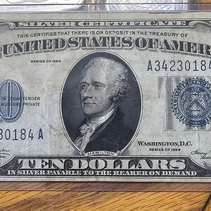 1934 Blue Label Silver Certificate Ten Dollar Bill